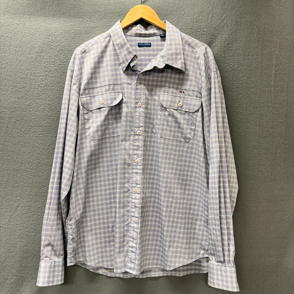 Fish Hippie Shirt Mens 2XL XLL Blue Plaid Coastal Button Up Flatwater Collection